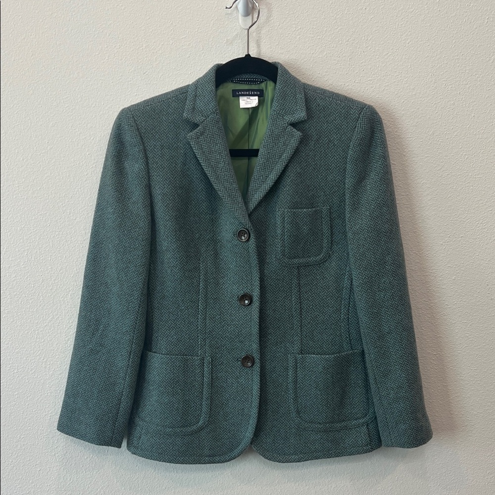 VINTAGE Lands' End ClassicTeal Wool Herringbone Lined Blazer 
Sz9AR-Photo Sample